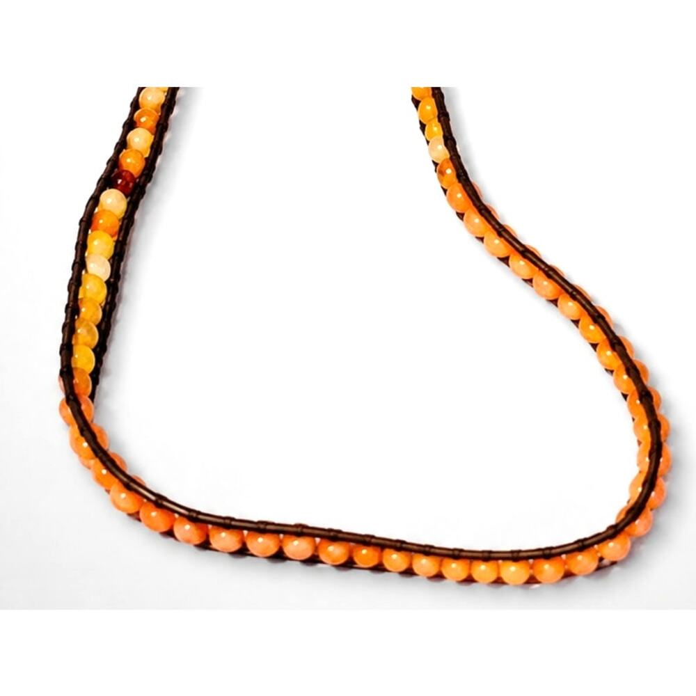 Vintage Orange‎ Agate Beaded Necklace Boho Leather Artisan 925 Closure 22" rd-05